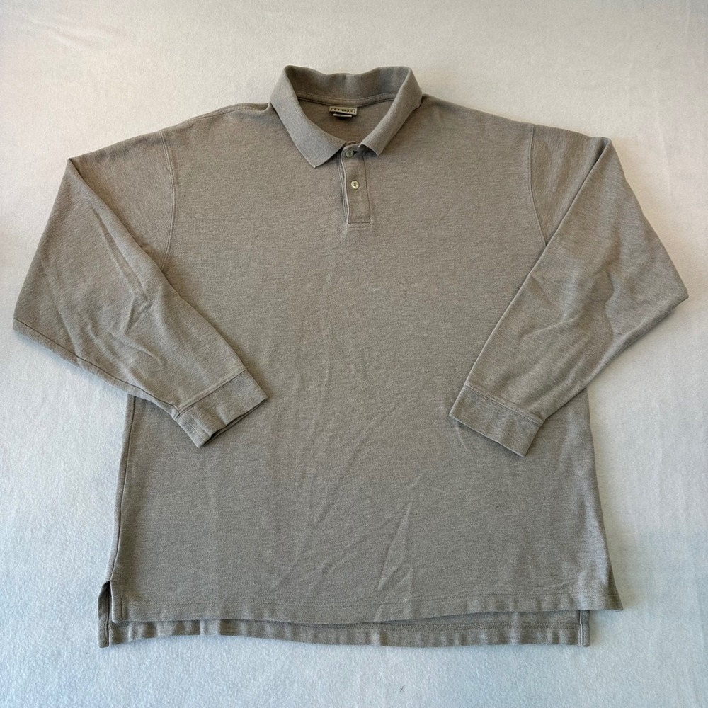 LL Bean Mens Long Sleeve Polo Shirt Large Tan Khaki 100% Cotton Pique KA81